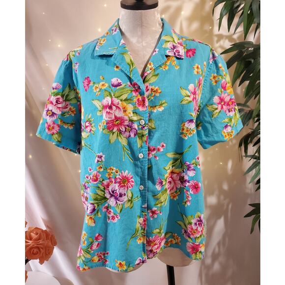 Vtg Jones New York Floral Linen Blend Button Short Sleeve Camp Shirt XL Tropical - Picture 1 of 9